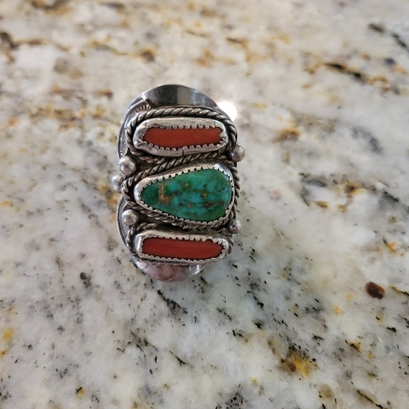 Vintage Sterling Silver Turquoise Coral Pawn Ring